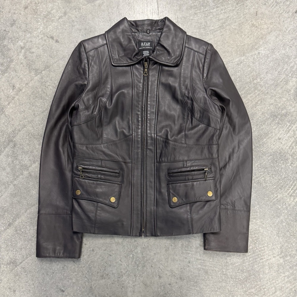 Womens Lambskin Leather Jacket Brown Motto A.N.A  Size Medium Expresso Fitted